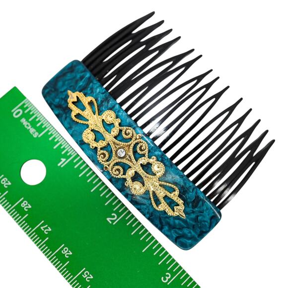 Vintage 30s–50s French Hair Comb Teal Marbled Acetate Applied Filigree - Picture 5 of 7